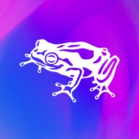 The logo for frog which is a purple suqare that is washed with other shaeds of purple to give a watery effect and the small frog emblem in white