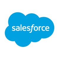 The salesforce logo which is a white square featuring a cloud in blue and the Salesforce wordmark on the cloud