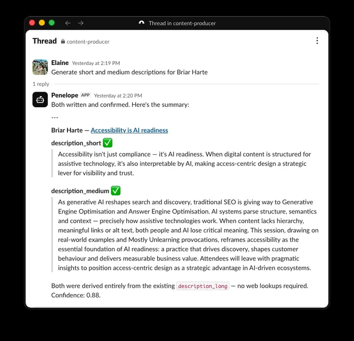 A Slack thread where the Penelope agent generates and confirms content fields for a record, derived from existing material.