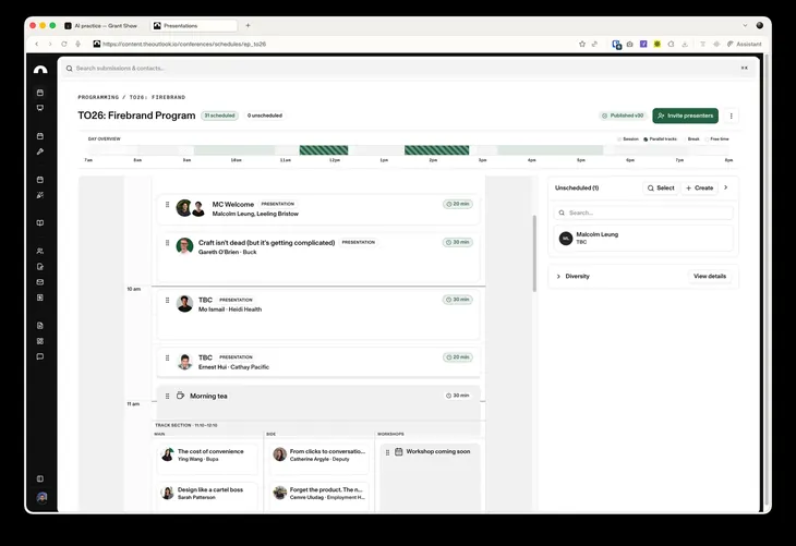 Session and program management for a multi-track conference, scheduled by drag and drop.