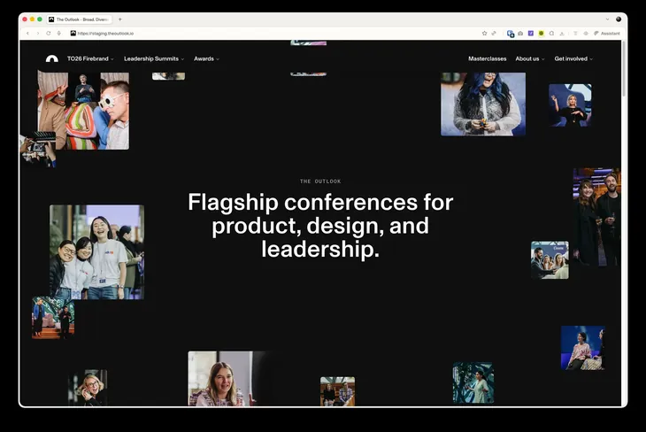 The public Outlook website: a scattered photo collage behind the line 'Flagship conferences for product, design, and leadership'.